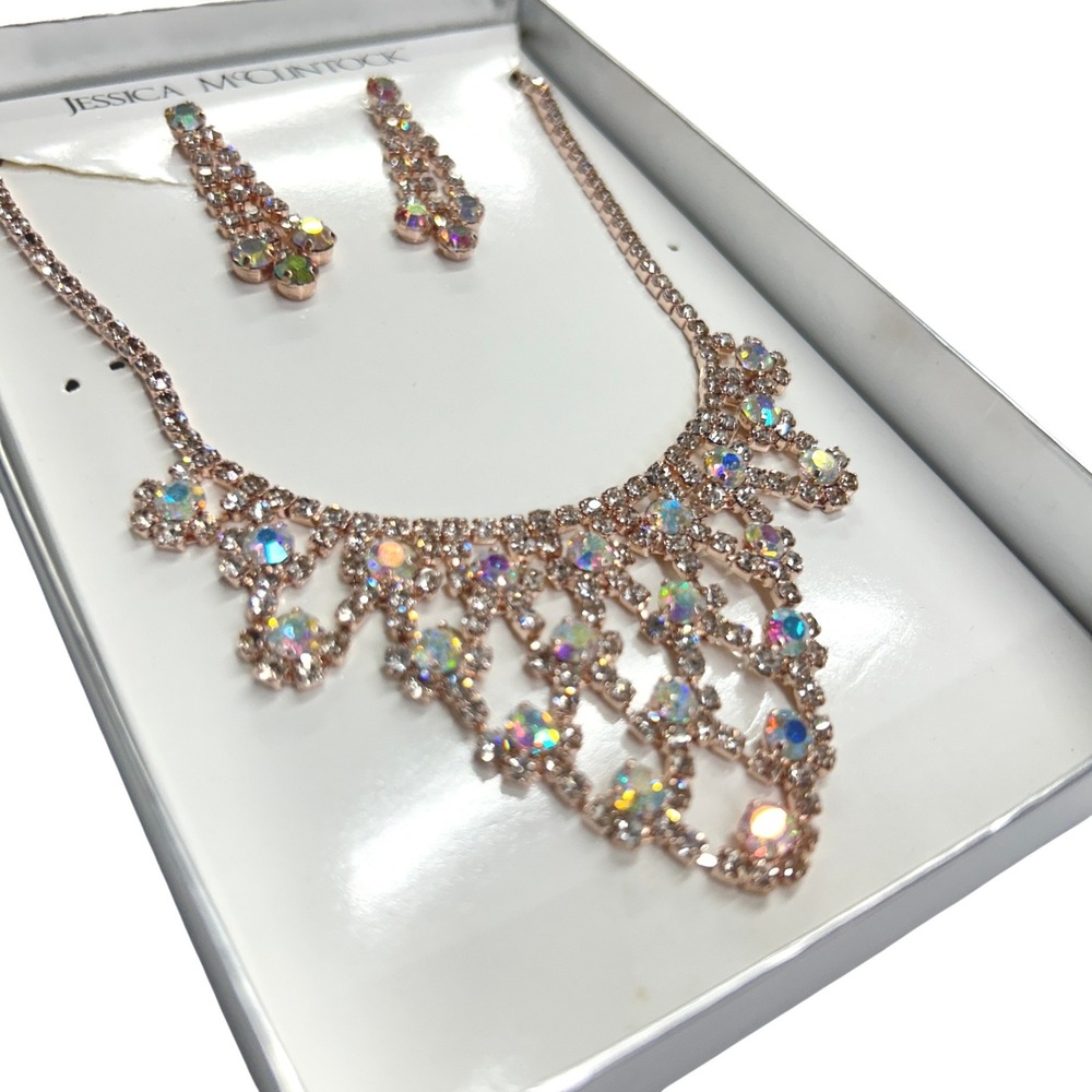 Jessica McClintock AB Rhinestone Necklace Earrings Set‎ Bridal Prom Formal Glam